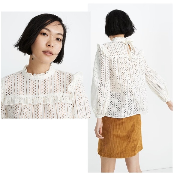MADEWELL Eyelet Mockneck Ruffle Flowy Top Blouses In Cream Size XS Style#J9660 - Picture 8 of 8